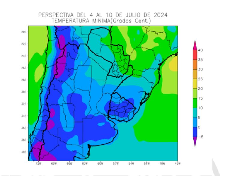 Mapa de temperaturas mínimas esperadas para el área agrícola argentina