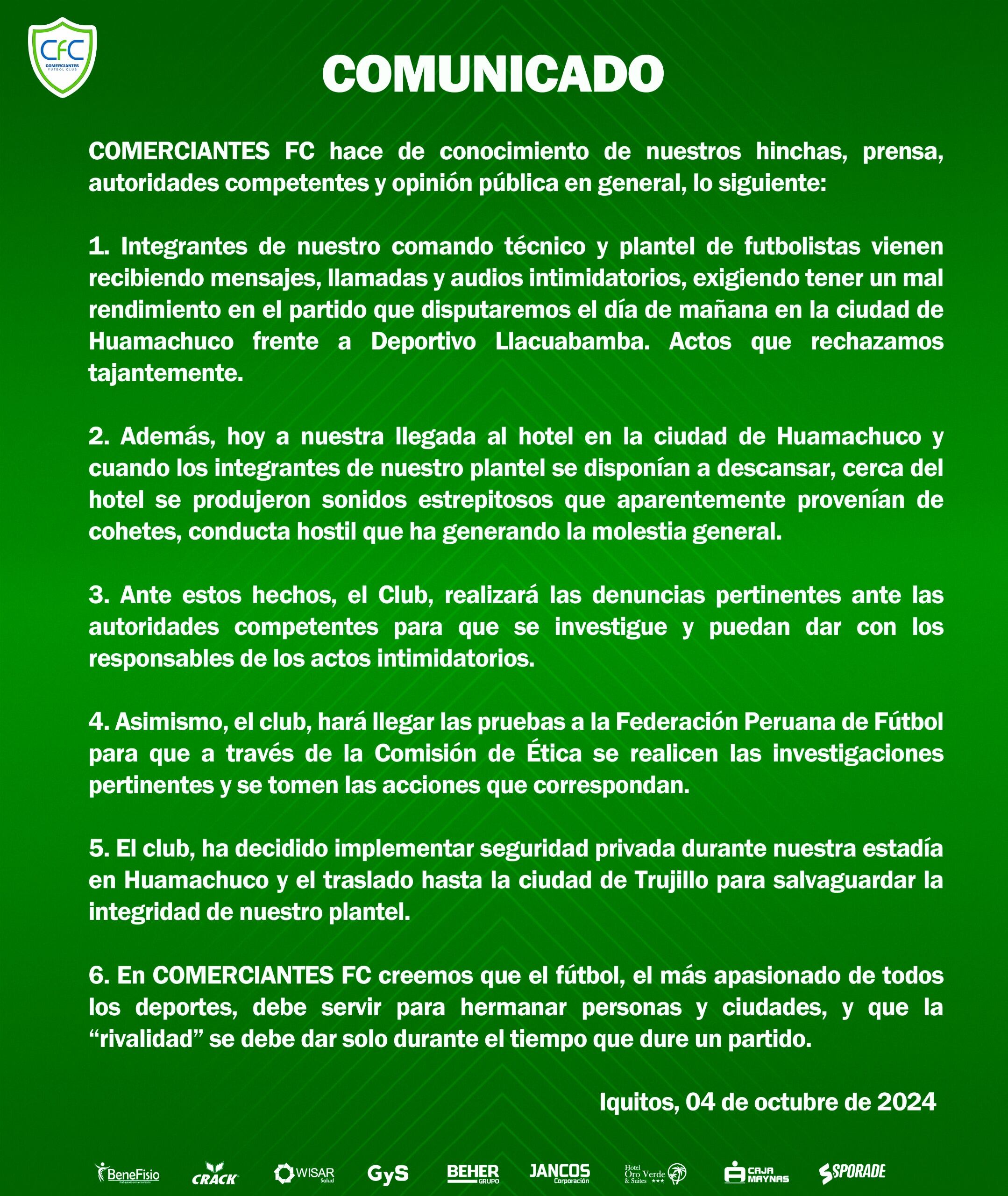 Comerciantes FC denunció acciones intimidatorias y hostilidades previo a su choque con Deportivo Llacuabamba por Liga 2.