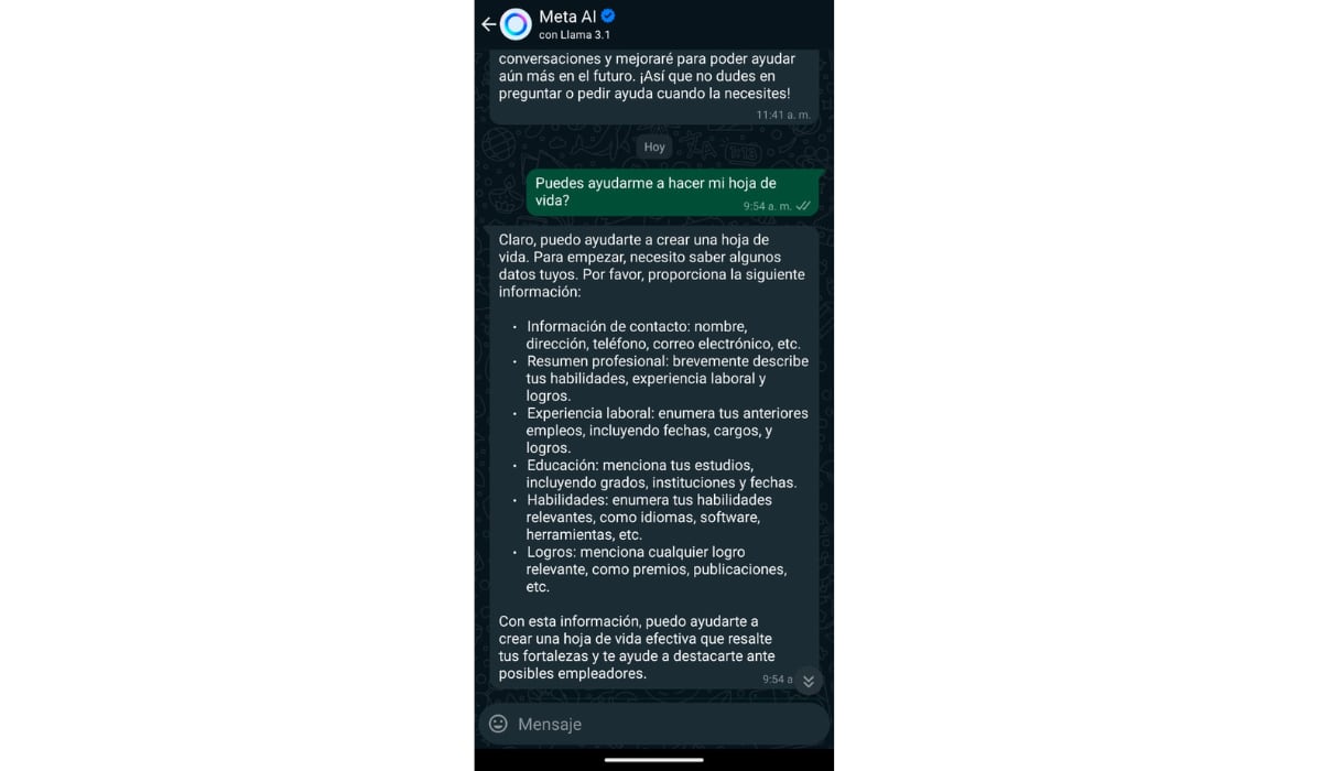 Entre más contexto se le proporcione al chatbot, mejores respuestas brinda. (WhatsApp)