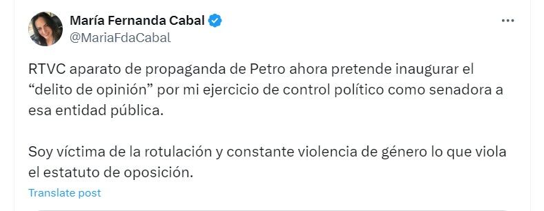 La senadora denuncia que es víctima de violencia de género por sus comentarios hacia Rtvc - crédito @MariaFdaCabal/X