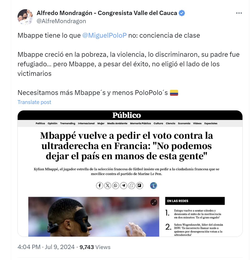 Alfredo Mondragón aseguró que  Mbappe no eligió el lado de los "victimarios", contrario a Miguel Polo Polo - crédito @AlfreMondragon/X