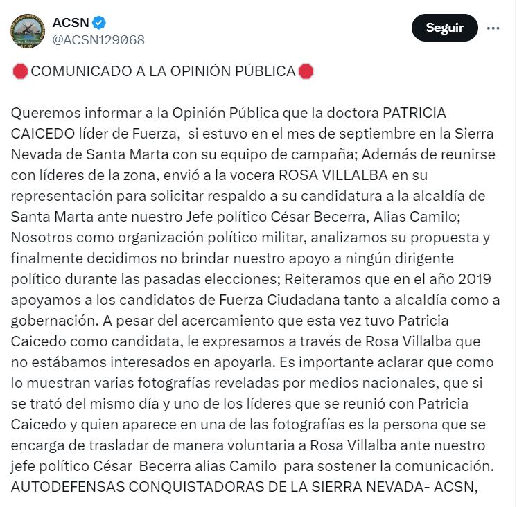 Autodefensas confirmaron sus vínculos con excandidata a la Alcaldía de Santa Marta - crédito @ACSN129068/X