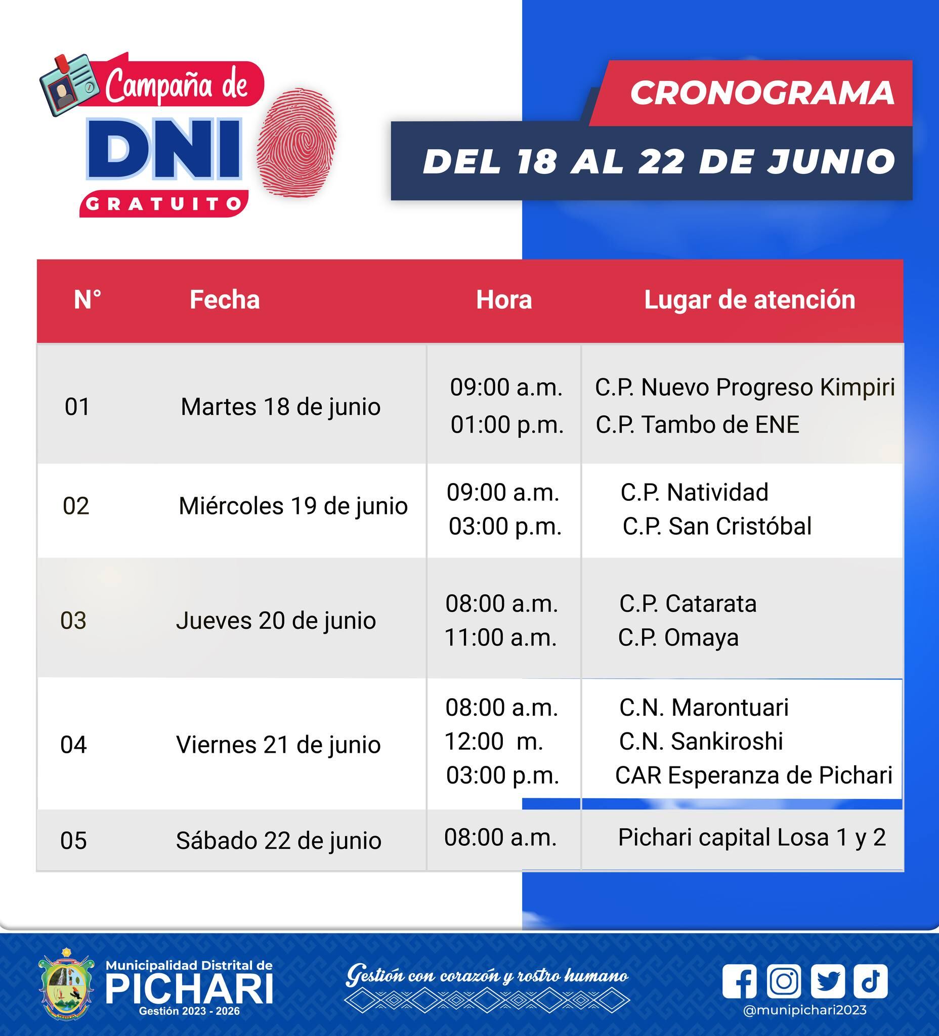 La Municipalidad Distrital de Pichari, en Cusco, dio a conocer su cronograma de la campaña de DNI gratuito que va del 18 al 22 de junio.