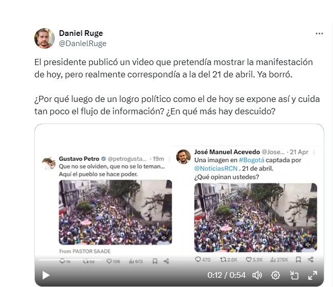 Trino de Daniel Ruge sobre la publicación del presidente con el video de una marcha en su contra. (Crédito: @DanielRuge / X)