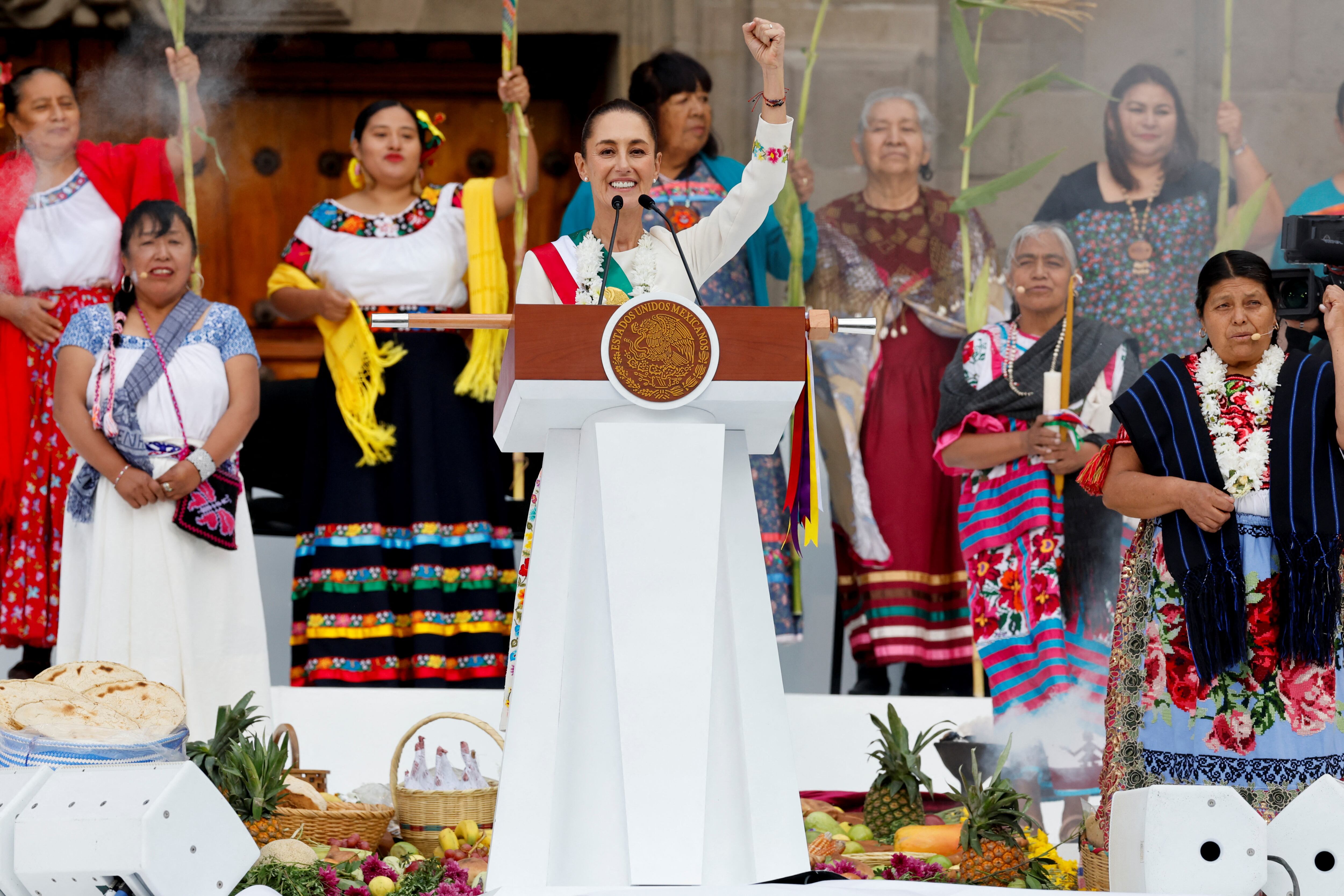 Mexico's new President Claudia Sheinbaum gestures during a ceremony at Zocalo Square in Mexico City, Mexico October 1, 2024. REUTERS/Daniel Becerril