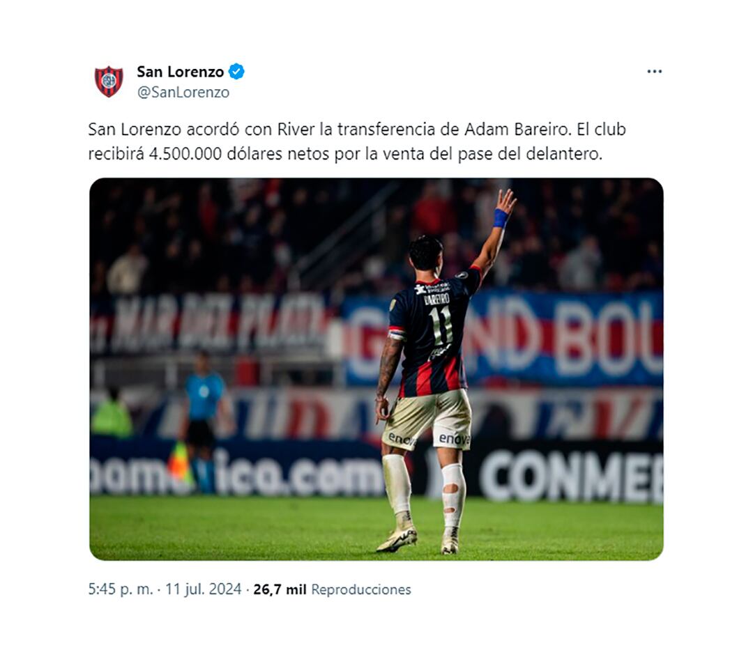 San Lorenzo oficializó la venta de Bareiro a River