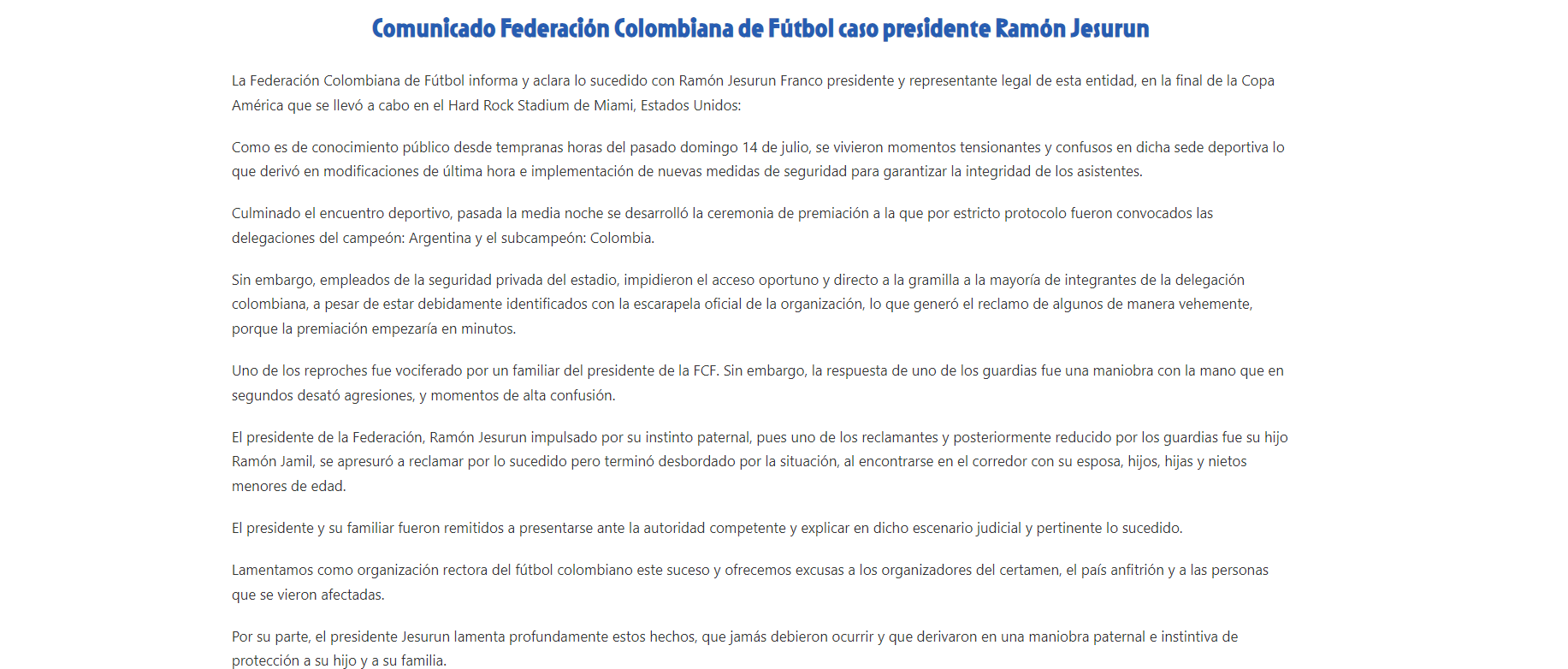 Comunicado de la Federación Colombiana de Fútbol sobre los incidentes de Ramón Jesurún y su hijo en el estadio de la final de la Copa América USA 2024 - crédito Federación Colombiana de Fútbol