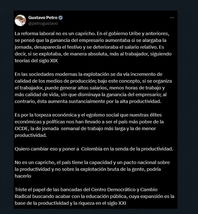 . El presidente Petro insistió en que la reforma laboral es crucial para reducir la jornada laboral, aumentar los salarios y mejorar la calidad de vida de los trabajadores colombianos, sin perjudicar la ganancia empresarial - crédito @petrogustavo / X