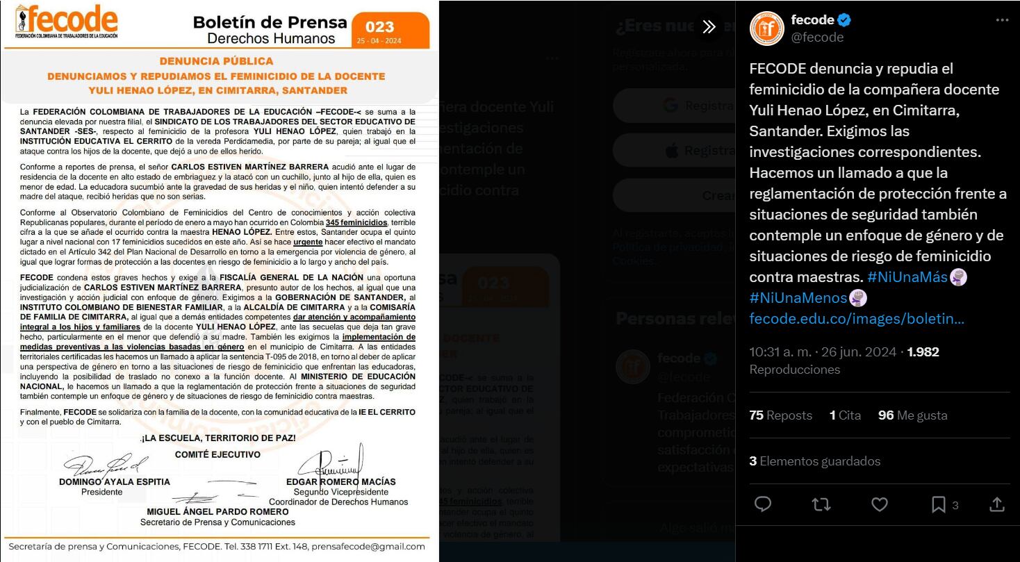 La trágica muerte de la docente ha causado gran conmoción y ha motivado múltiples exigencias de justicia y seguridad laboral - crédito @fecode / X