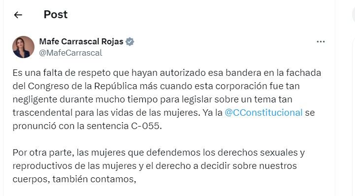 María Fernanda Carrascal critica haber puesto una bandera provida en el Congreso de la República- Crédito @MafeCarrascal