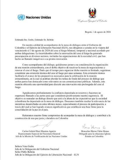 Iglesia Católica y ONU piden al Gobierno Petro y al ELN hacer una prórroga técnica”del cese al fuego bilateral - crédito Onu