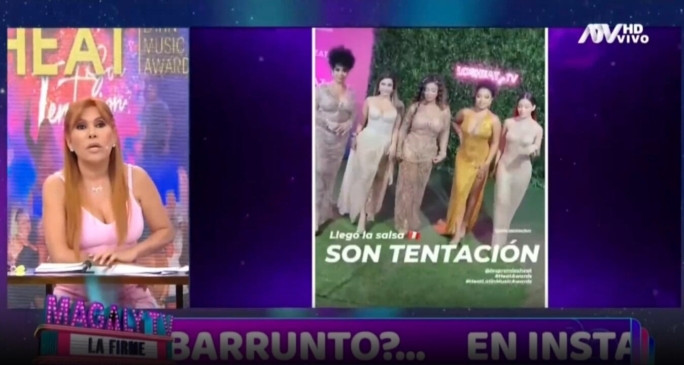 Magaly Medina se burla del look de Paula Arias y Cielo Torres en Premios Heat. (Captura: Magaly TV La Firme)