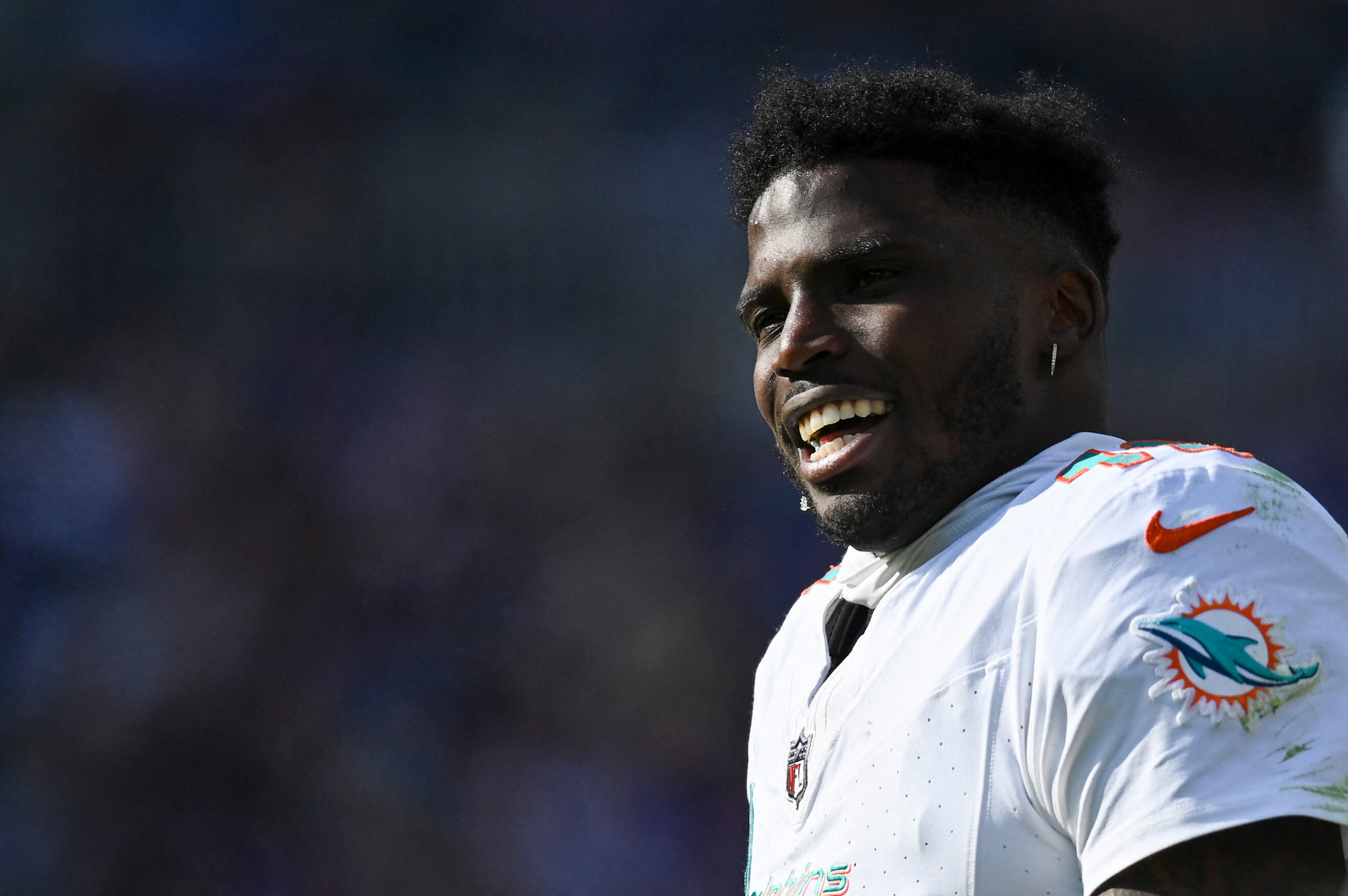 Dec 31, 2023; Baltimore, Maryland, USA; Miami Dolphins wide receiver Tyreek Hill (10) on the sidelines during the first half against the Baltimore Ravens at M&T; Bank Stadium. Mandatory Credit: Tommy Gilligan-USA TODAY Sports