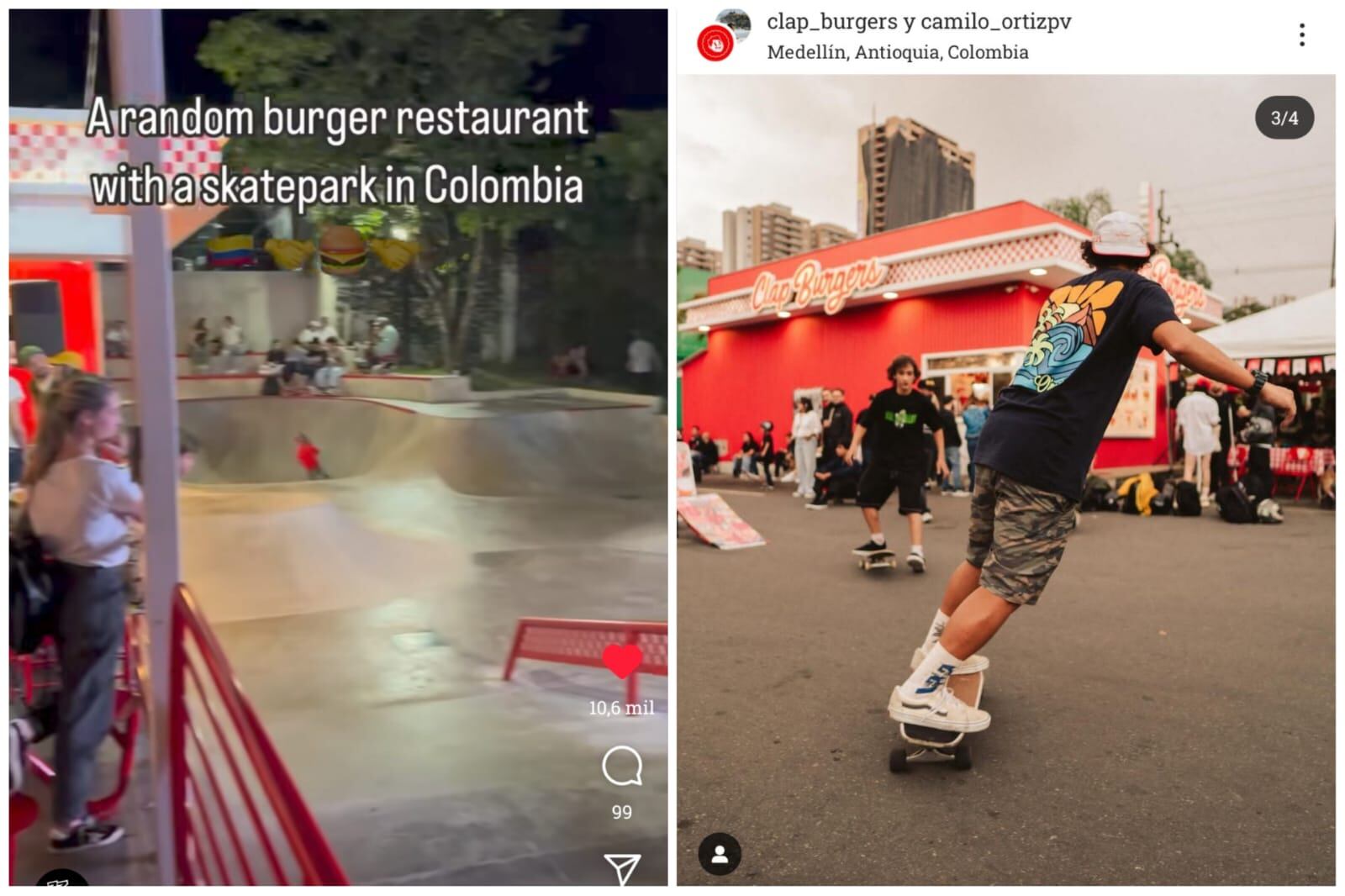 Un local en Medellín ha capturado la atención de una cuenta dedicada al punk rock por su inusual oferta de comidas rápidas y un skatepark integrado - crédito captura de pantalla @23punk_ / @clap_burguer / Instagram