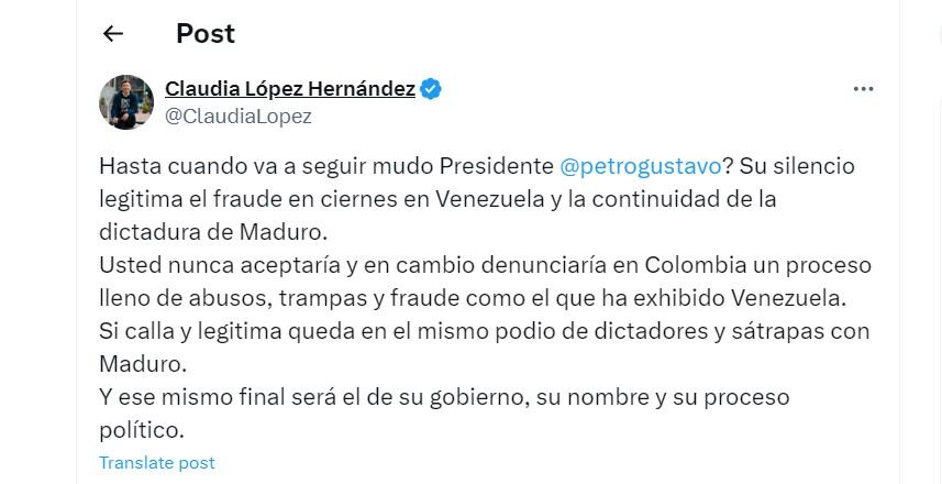 Claudia López le exigió al presidente Gustavo Petro que se pronuncie con respecto a las elecciones en Venezuela - crédito @ClaudiaLopez