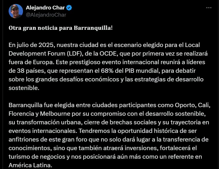 Alejando Char confirmó que Barranquilla será sede de la Ocde en 2025 - crédito @AlejandroChar/X