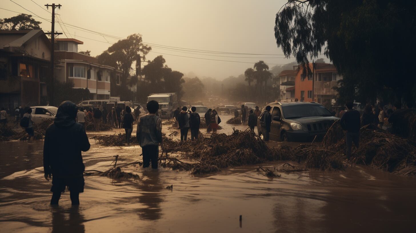 Imagen que muestra el impacto del cambio climático con personas caminando en una calle inundada durante tormentas y lluvias extremas, resaltando los destrozos causados por la crisis ambiental. (Imagen ilustrativa Infobae)