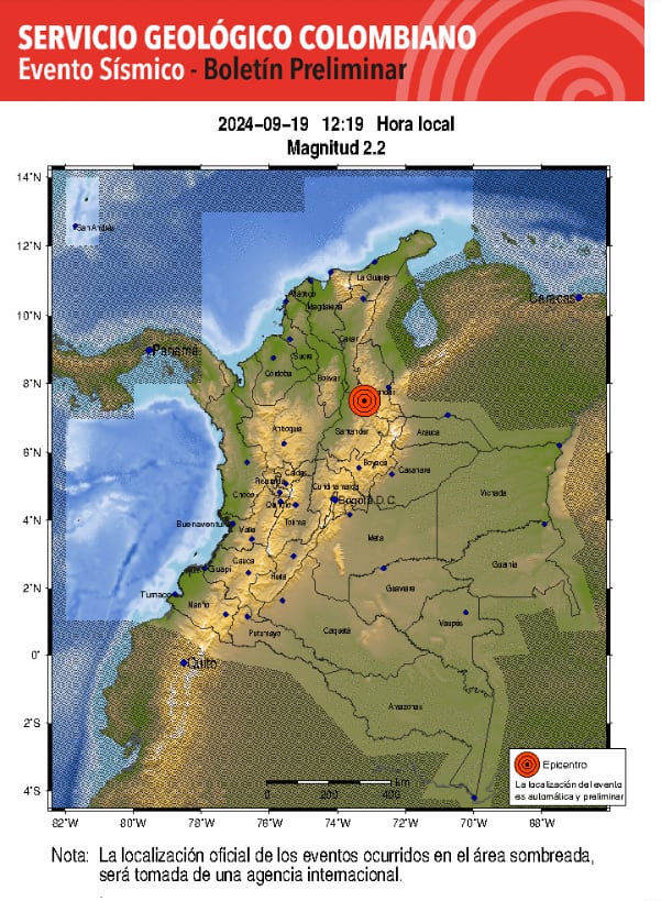 Es el segundo sismo que se reporta el 19 de septiembre en el departamento de Santander - crédito SGC