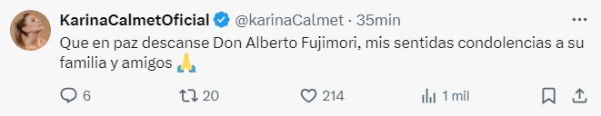 Karina Calmet envía mensaje tras muerte de Fujimori.