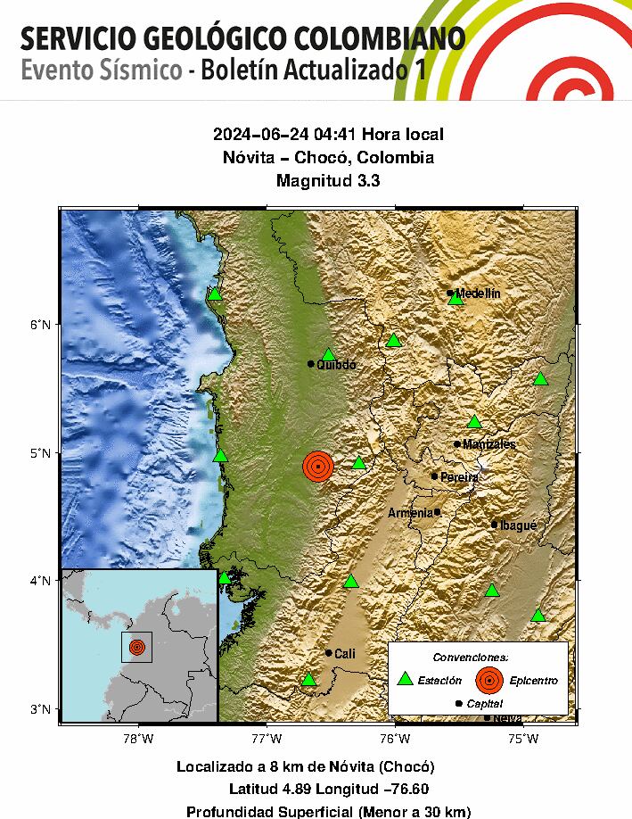 Se registró un sismo superficial en Nóvita, Chocó