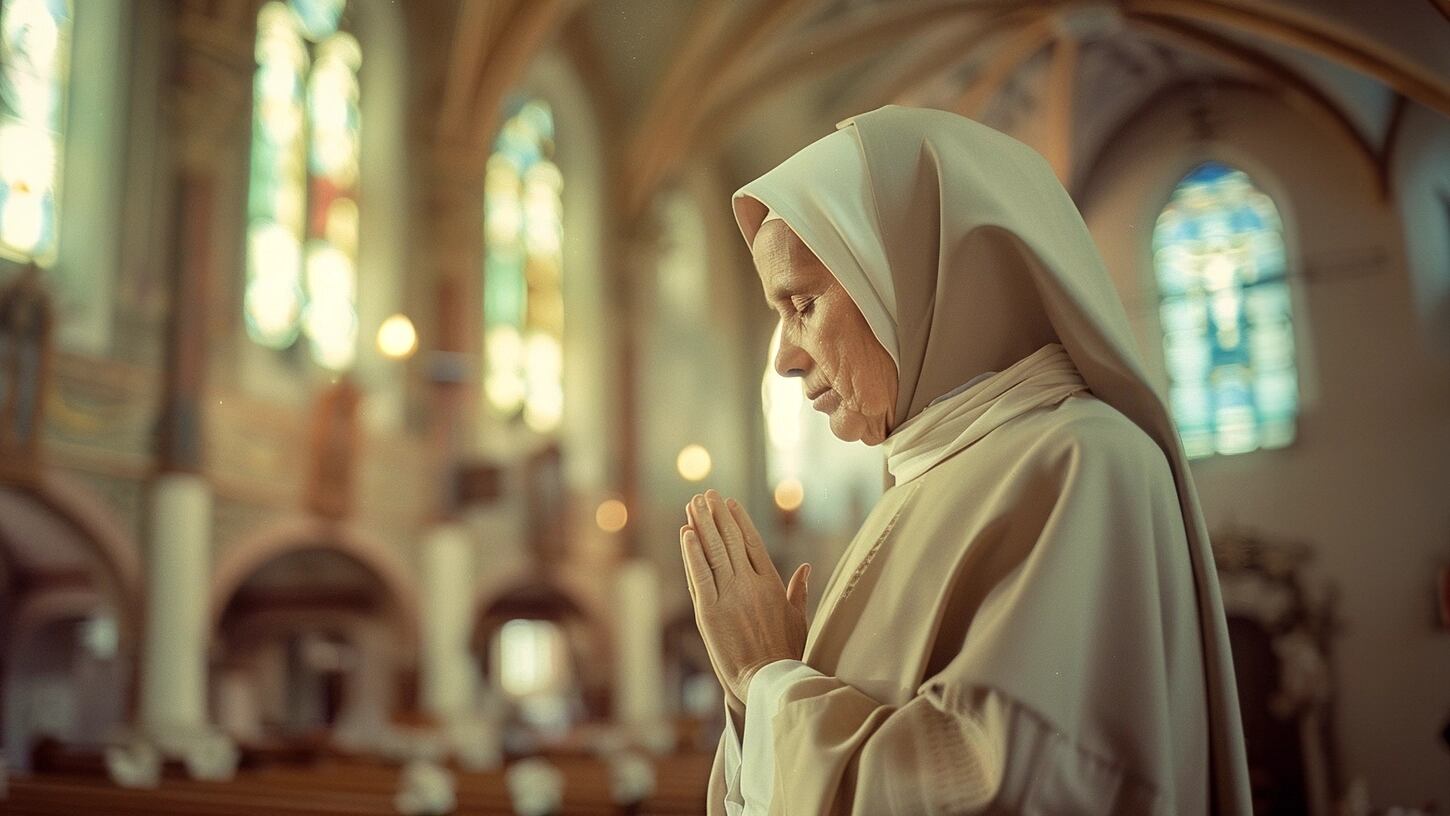 Una religiosa vestida con su hábito tradicional, se encuentra de rodillas en un banco de iglesia, sumida en una oración silenciosa. La fotografía ilustra la serenidad y profundidad de la práctica espiritual dentro del catolicismo, destacando la conexión personal con lo divino en un espacio de culto. (Imagen ilustrativa Infobae)