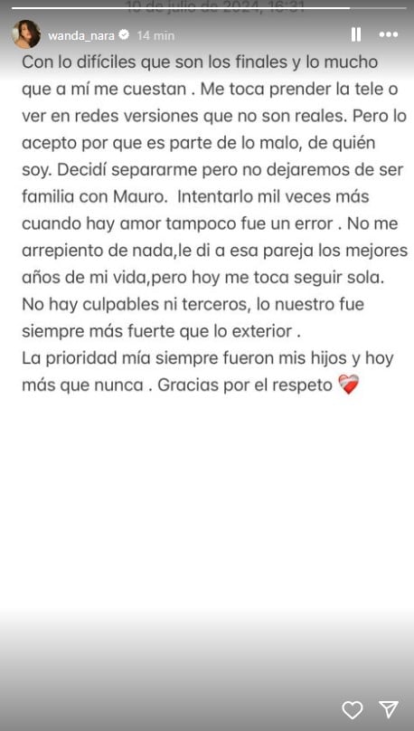 El comunicado de Wanda Nara después de su separación de Mauro Icardi (Instagram)