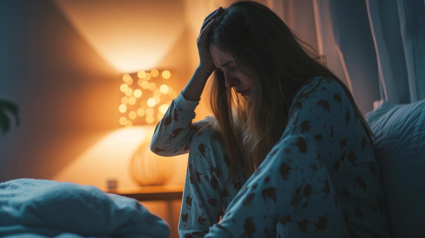 Mujer sentada en su cama, angustiada tras despertar de una pesadilla. La escena transmite la dificultad de enfrentar problemas de sueño como el insomnio, y cómo estos afectan la salud mental y el bienestar. La imagen destaca la importancia de un descanso adecuado y la gestión de trastornos del sueño. (Imagen ilustrativa Infobae)