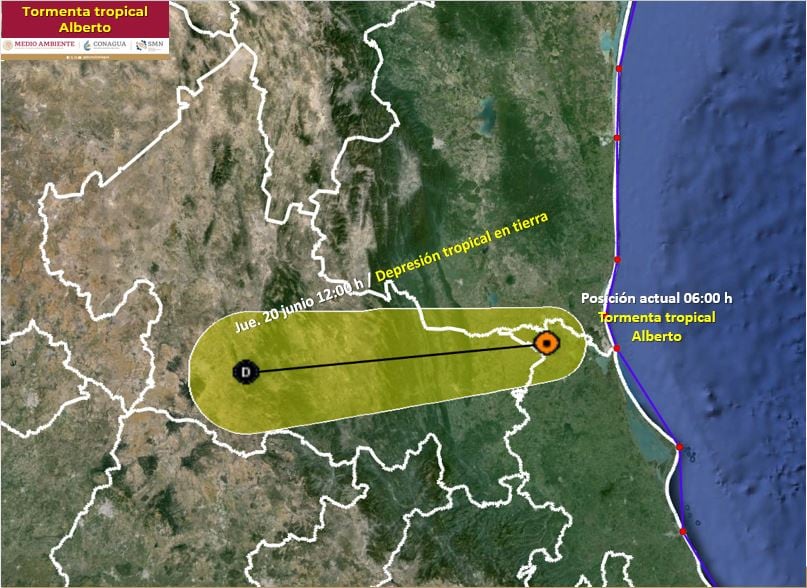 Trayectoria de la Tormenta Tropical Alberto hoy 20 de junio tras tocar tierra en Tamaulipas