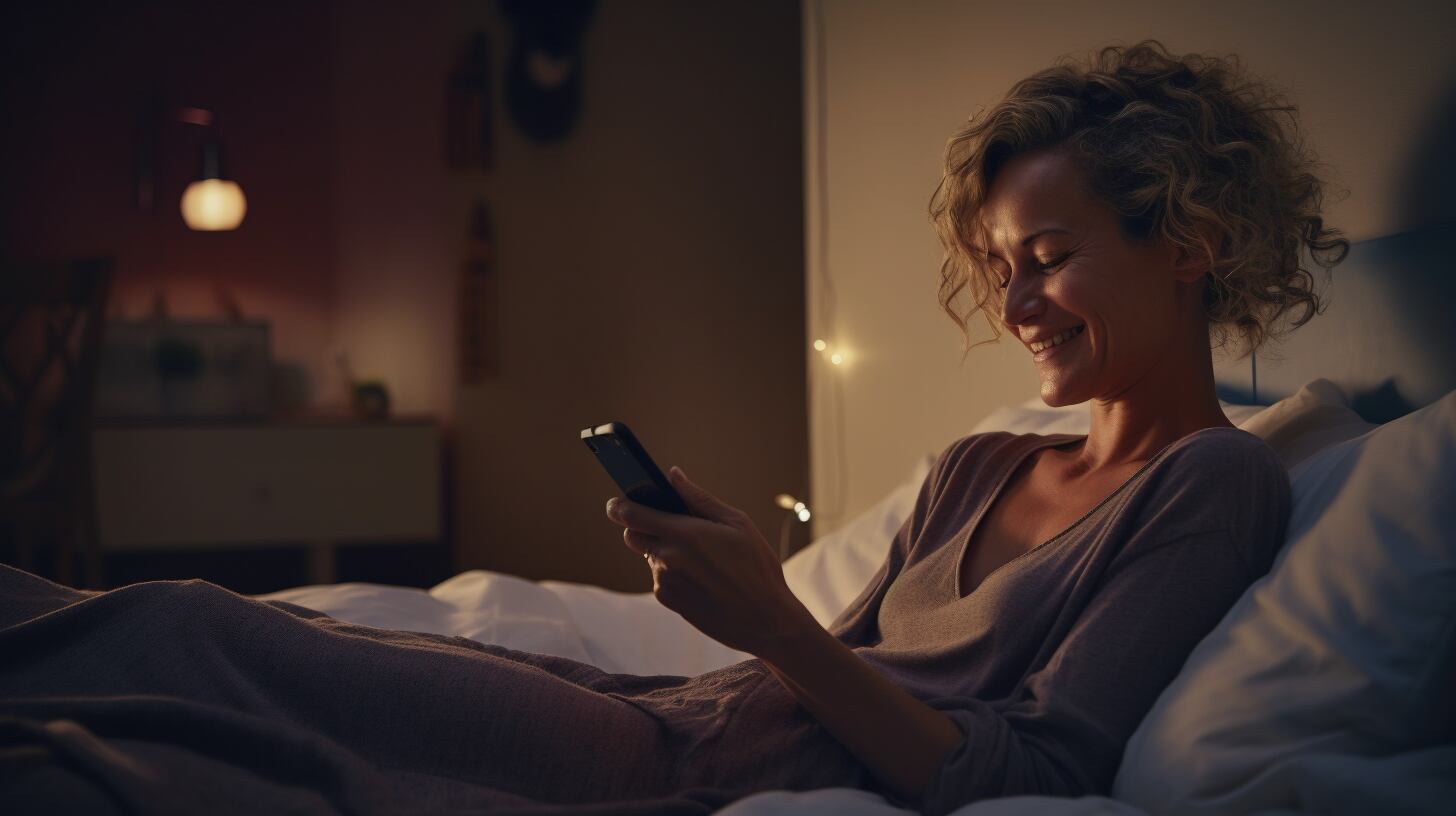 Una mujer observa su teléfono smartphone mientras se sumerge felizmente en una conversación en una aplicación de chat. En esta escena, se perciben las conexiones que trascienden la distancia, el amor que se nutre a través de las palabras y la complicidad que florece incluso en la era digital. App, citas, sexting. (Imagen ilustrativa Infobae)