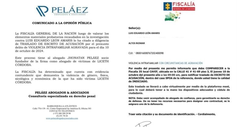 El equipo de abogados de Liceth Córdoba anunció que el cantante tendrá que responder por los cargos que se le acusan en Colombia, donde todavía tiene un proceso abierto por violencia intrafamiliar - crédito @pelaezabogados/Instagram