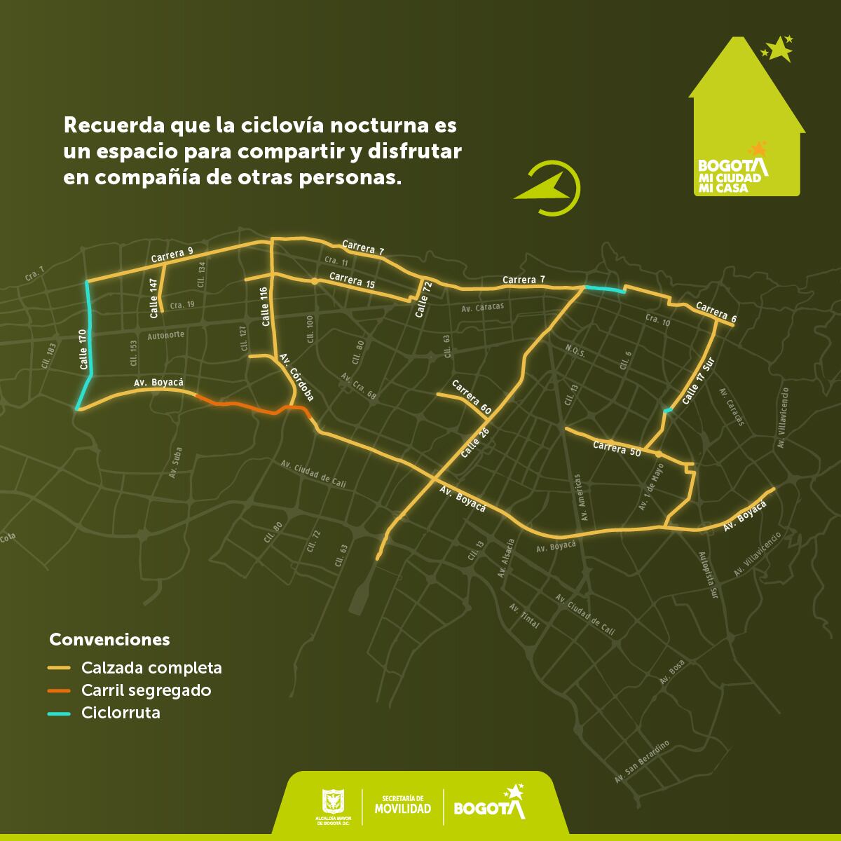 Movilidad Bogotá compartió alternativas viales para jornada de ciclovía nocturna el 8 de agosto - crédito @MovilidadBogota/X