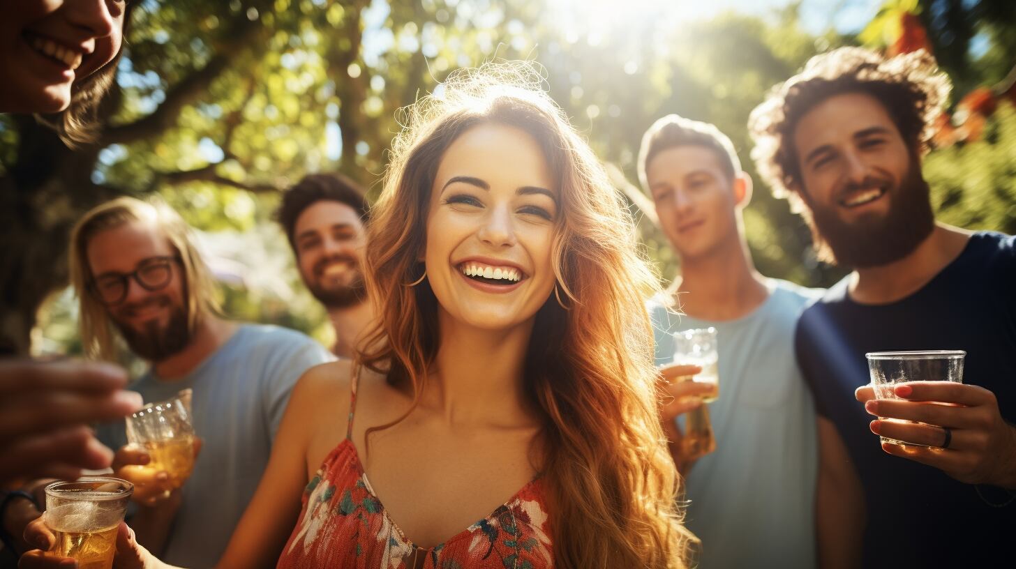 Grupo de amigos reunidos en una juntada, felices, hombres y mujeres, día del amigo, sonrientes, exterior, soleado, atardecer, en espacio público, parque - Imagen Ilustrativa Infobae