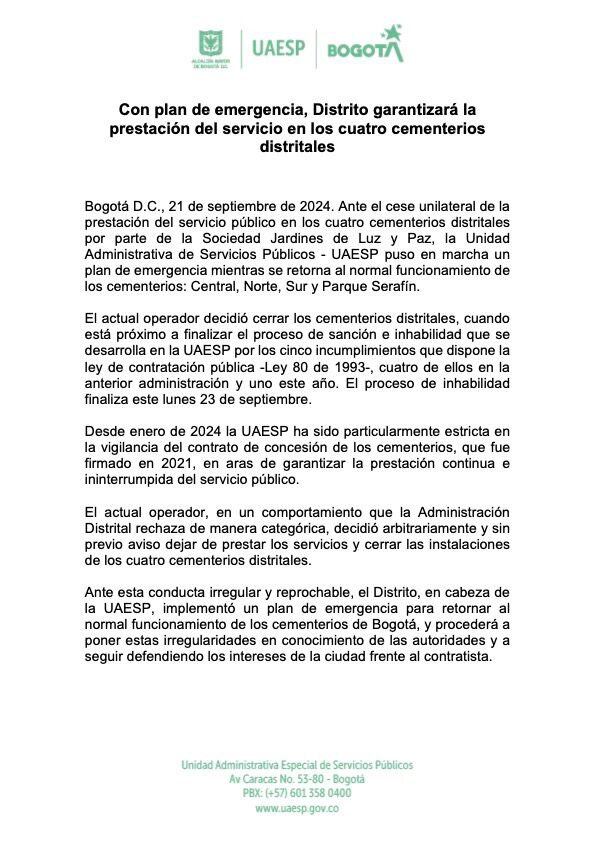 La Uaesp pondrá en conocimiento de las autoridades el repentino cese de actividades del operador de los cementerios distritales - crédito @Uaesp/X