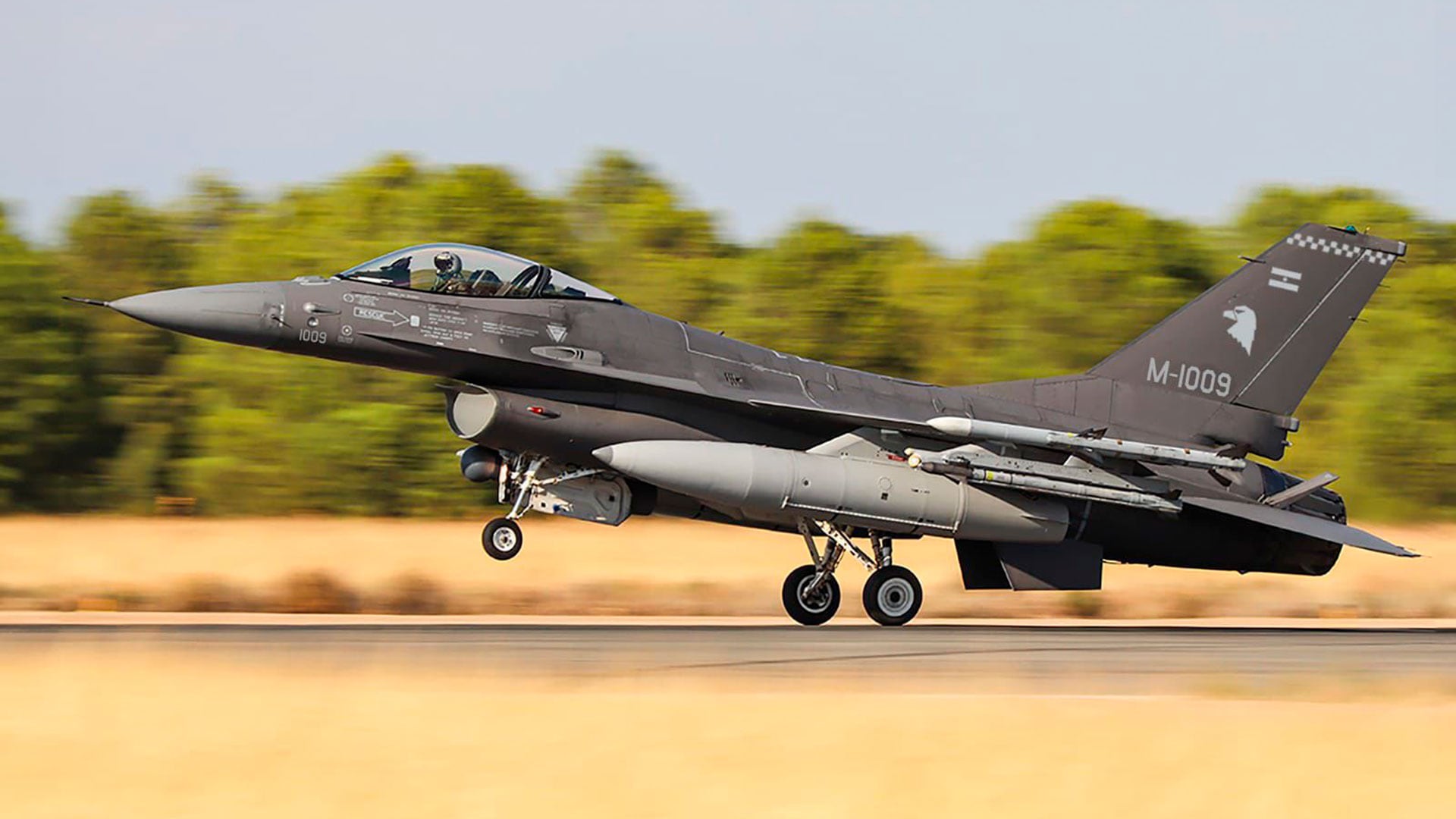 Javier Miley Luis Petri hablan durante el acto de entrega de aviones F-16 que se realizó en Dinamarca