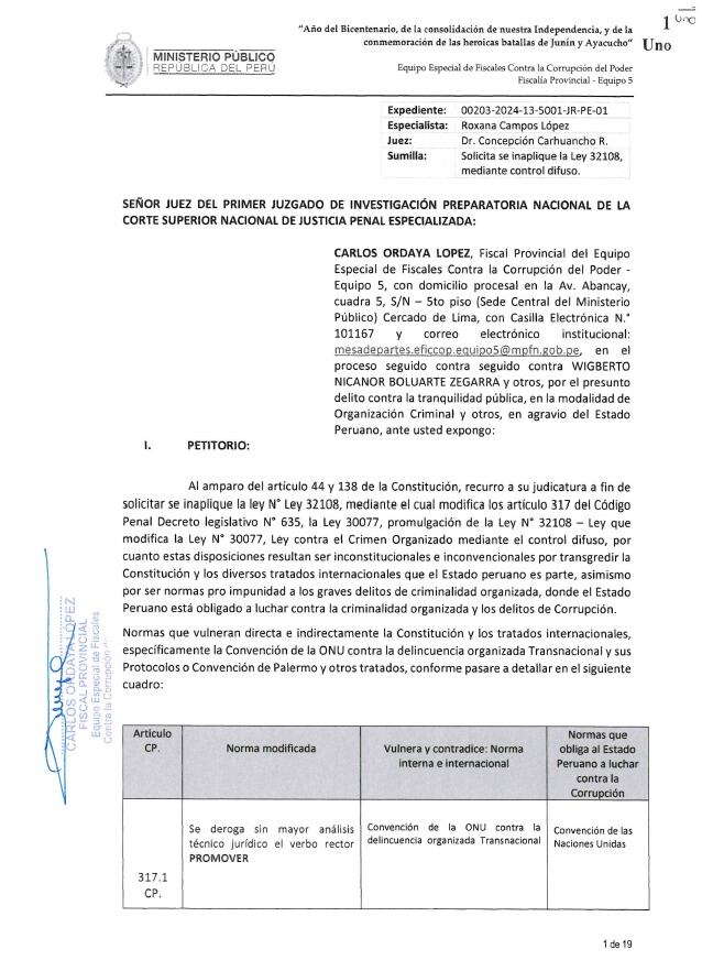 El EFICCOP planteó el recurso de control difuso convencional ante el juez Concepción Carhuancho para evitar la aplicación de la Ley 32108 en el caso 'Los Waykis en la Sombra'.