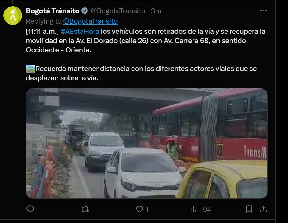 Accidente en la avenida El Dorado - crédio BogotaTransito/X