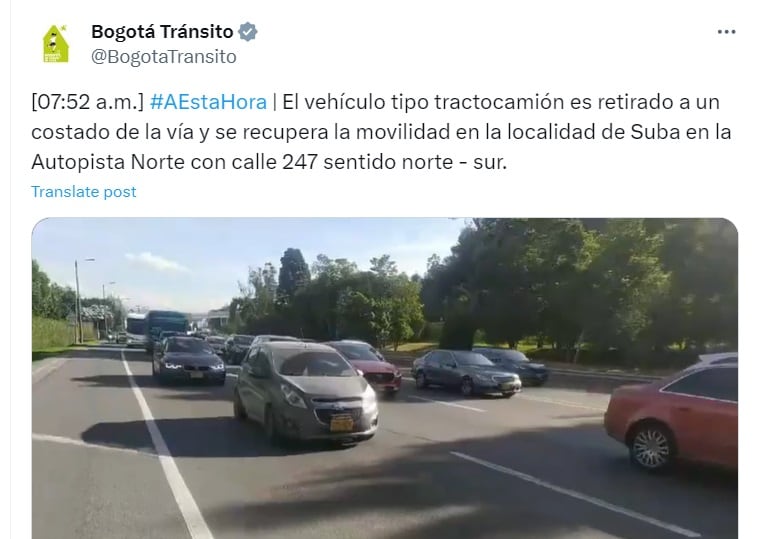 Se recupera la movilidad en la autopista norte tras incendio de tractocamión - crédito @BogotaTransito/X