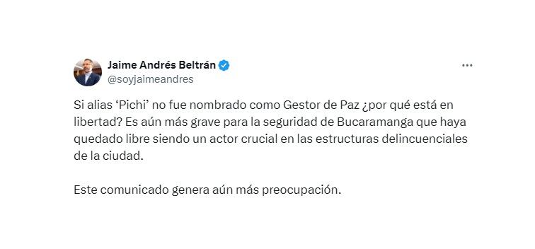 Trinos de Beltrán sobre la libertad de alias Pichi. (Crédito: @soyjaimeandres / X)