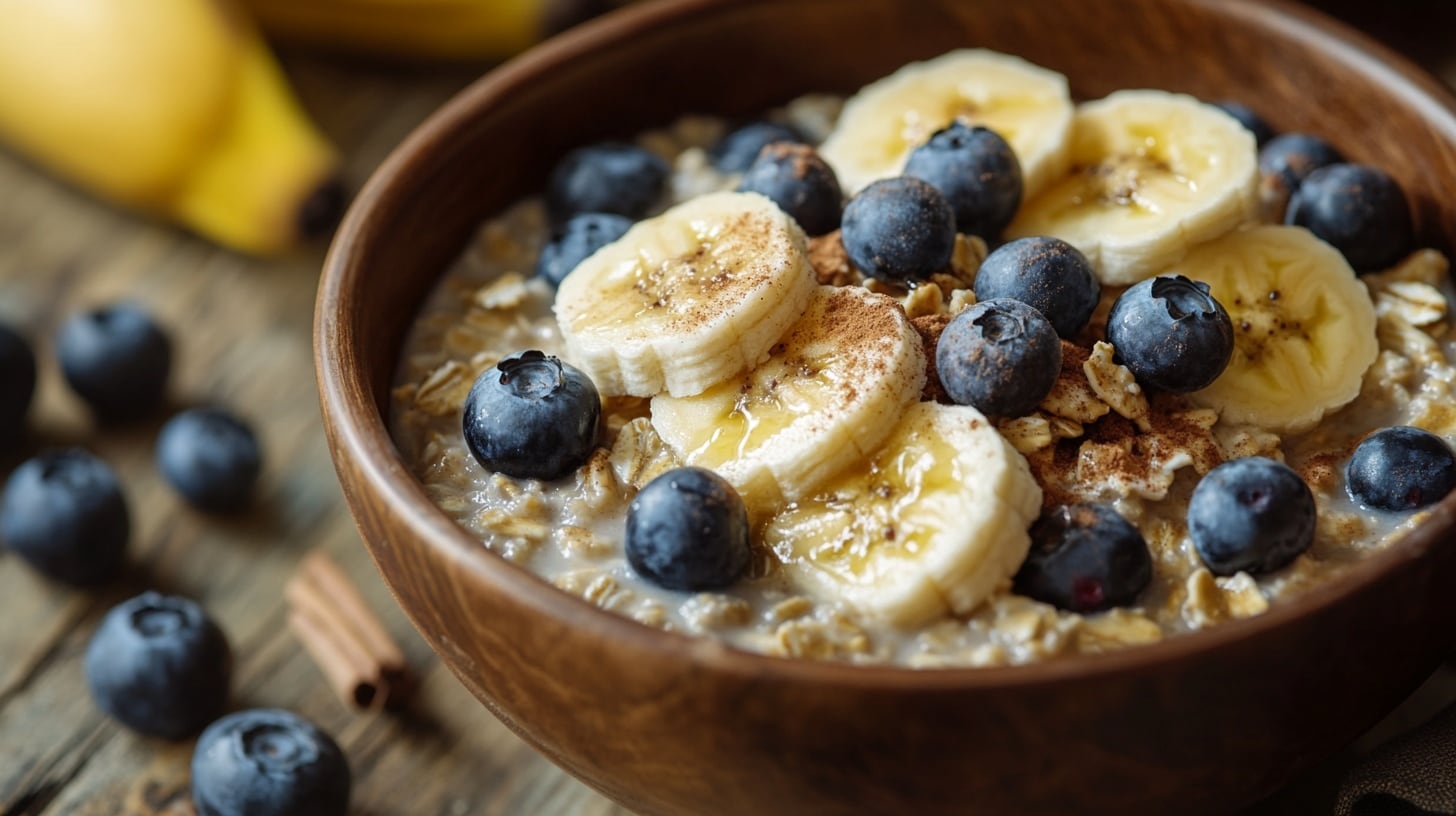 Tazón de cereal casero con avena, plátano, canela, miel, acompañado de fruta fresca y arándanos. Desayuno saludable. - (Imagen Ilustrativa Infobae)