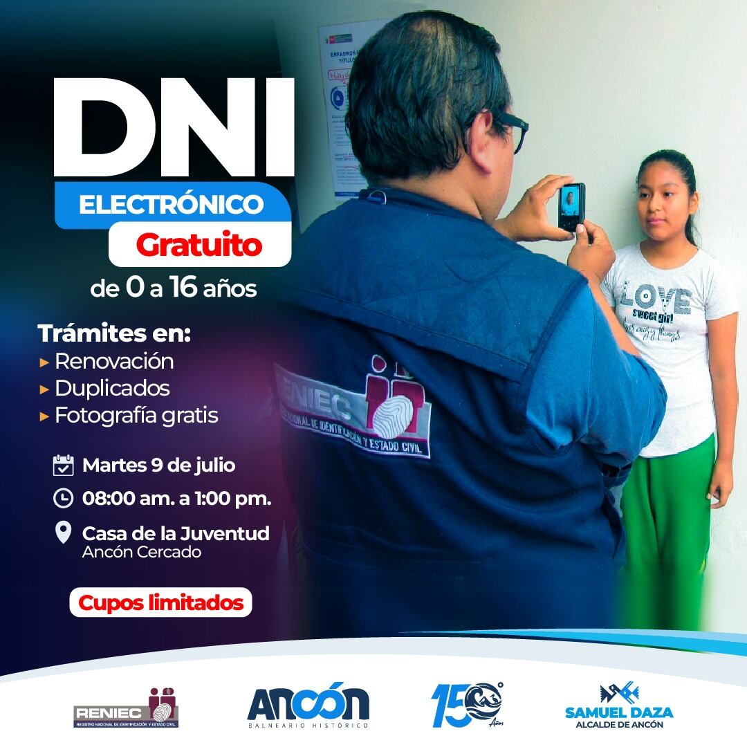 Ancón tendrá proximamente una campaña itinerante del Reniec para tramitar gratis el DNI electrónico.