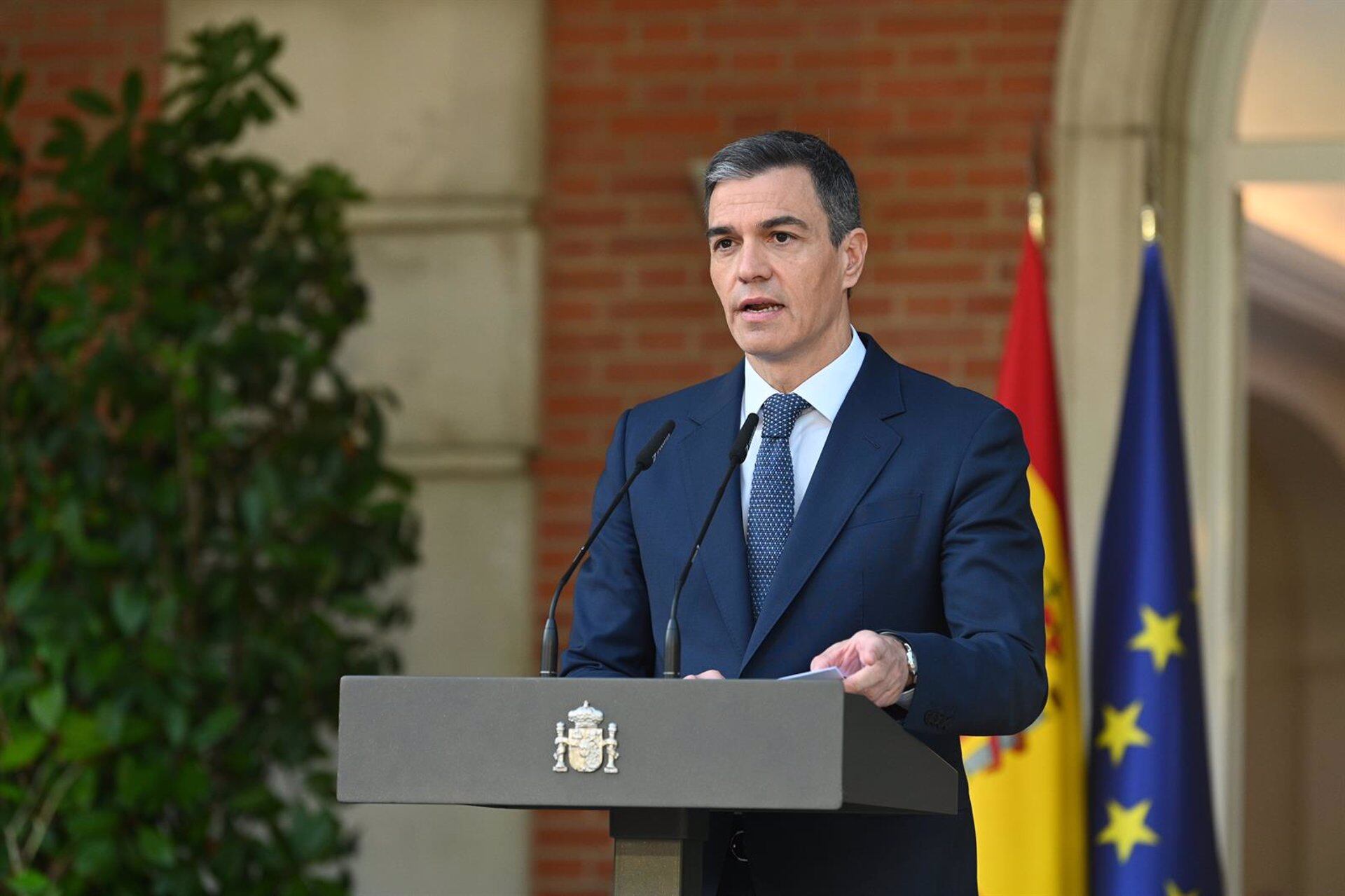 El presidente del Gobierno, Pedro Sánchez, durante una rueda de prensa en la Moncloa. (Pool Moncloa/Borja Puig de la Bellacasa)
