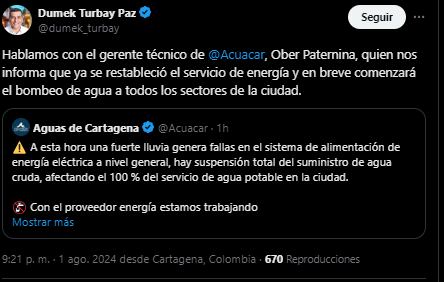 Alcalde de Cartagena aseguró que se solucionó el problema y en las próximas horas se reestablecerá el suministro de agua potable en toda la ciudad - crédito @Dumek_Turbay/X