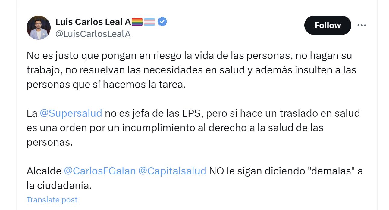 El superintendente Luis Carlos Leal criticó a Capital Salud por respuestas ofensivas de una de sus funcionarias - crédito @LuisCarlosLealA/X