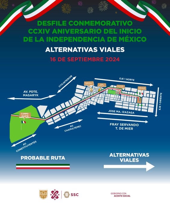 Ruya y alternativas viales en CDMX por el desfile cívico militar de la Independencia de México