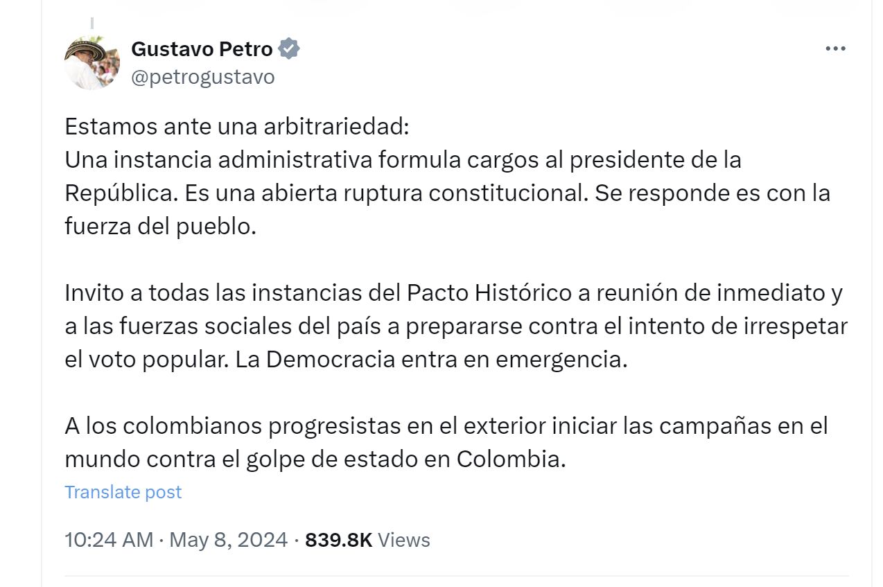 El presidente Gustavo Petro criticó el hecho de que una "instancia administrativa" busque formular cargos en su contra y aseguró que hay una "ruptura institucional" - crédito @petrogustavo/X