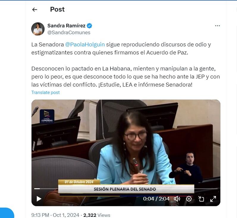 Sandra Ramírez defiende la labor de la JEP en el Congreso de la República - crédito @SandraComunes