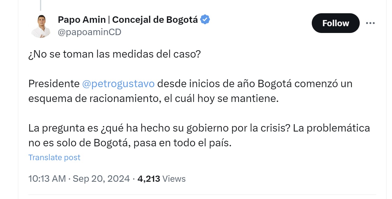 El concejal de Bogotá Papo Amín criticó comentarios de Gustavo Petro con respecto al racionamiento en Bogotá - crédito @papoaminCD/X