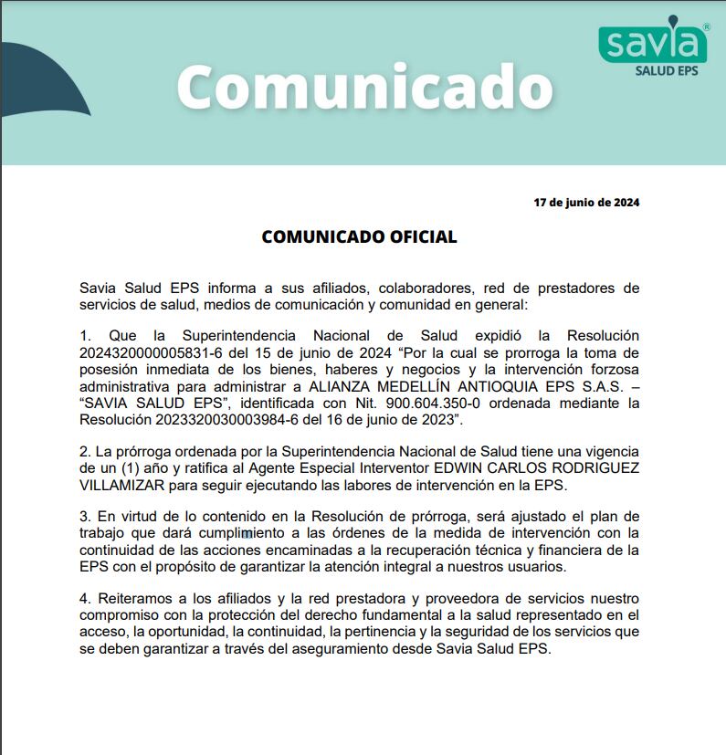 Por medio de un comunicado la EPS anunció las medidas de Supersalud - crédito Savia Salud