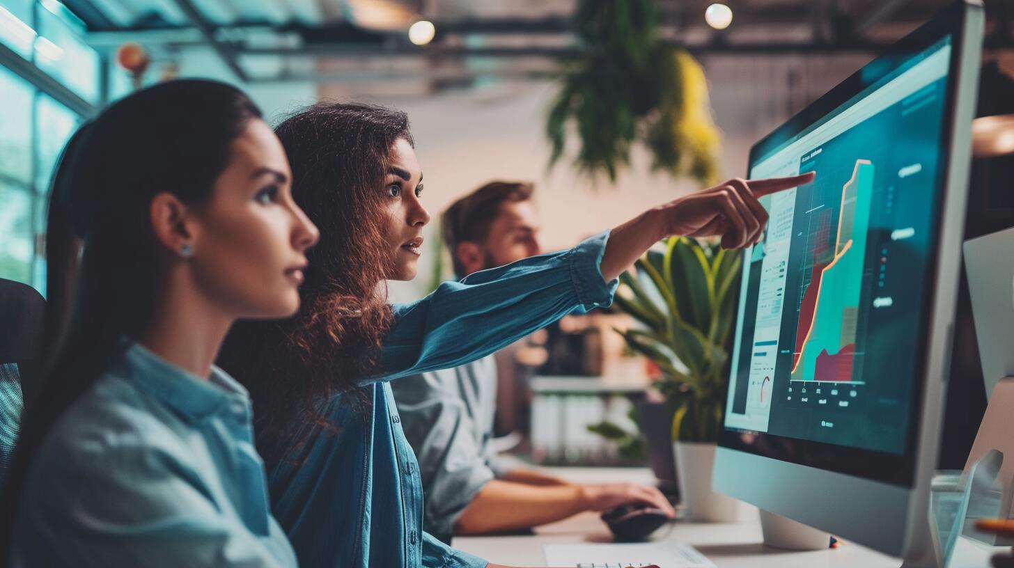 Grupo de mujeres profesionales concentradas en una tarea colaborativa frente a una computadora en un entorno de oficina. La imagen refleja la dinámica de trabajo en equipo, la igualdad de género en el lugar de trabajo y la presencia de mujeres en posiciones de liderazgo y responsabilidad. Demuestra la eficiencia y el compromiso de las mujeres en el mundo empresarial y profesional. (Imagen ilustrativa Infobae)