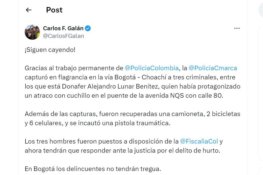 Carlos Fernando Galán habla de la detención del delincuente Donafer Lunar - crédito @CarlosFGalan